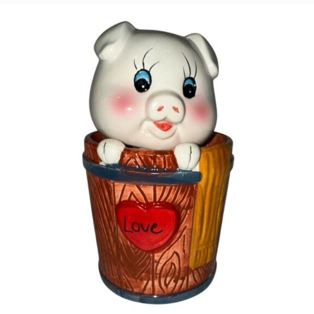 Rare Vintage Pig Nodder Bank in Original Box Hand Painted Love Barrel MCM NOS
